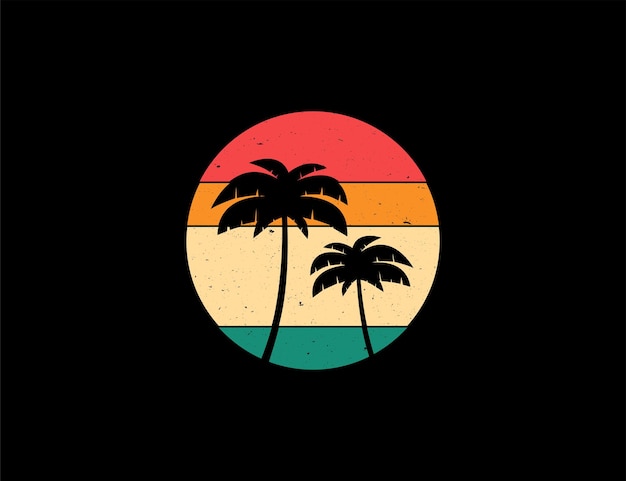 Ilustración de palmera tropical con concepto de círculo retro vintage