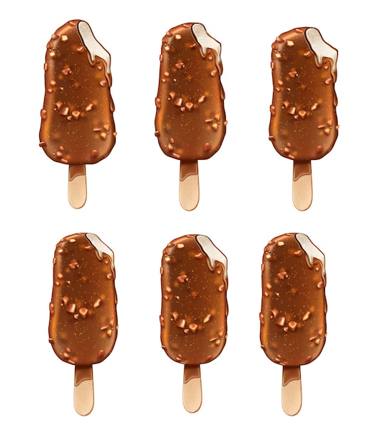 Vector ilustración de palo de madera de helado de glaseado de chocolate de paleta realista