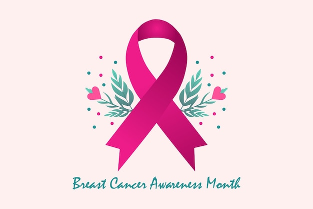 Ilustración de pancarta de concientización sobre el cáncer de mama Flores de cinta rosa y amor de corazón