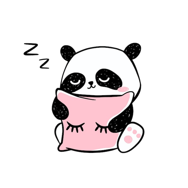 Ilustración de panda pequeño. Lindo personaje de panda dibujado a mano abrazando una almohada rosa.