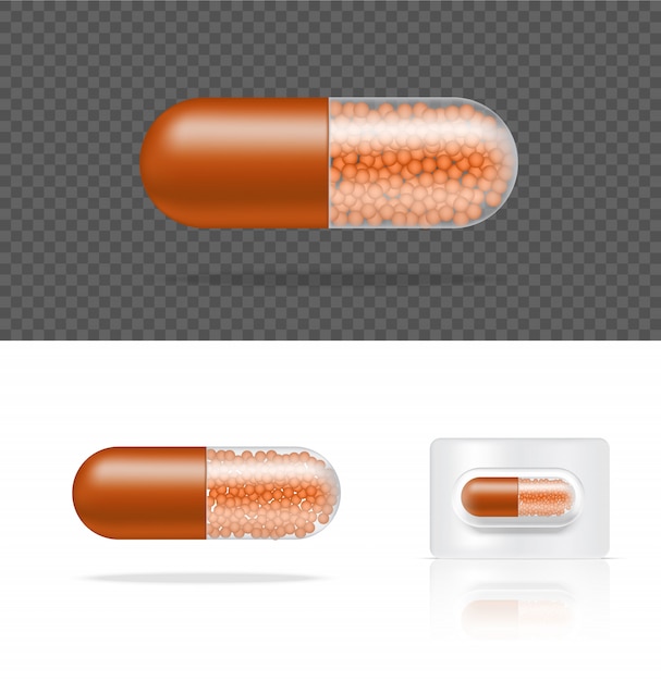 Ilustración de panel de cápsula de medicina píldora transparente realista. tabletas médicas y concepto de salud.