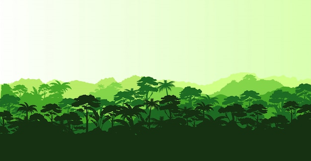 Ilustración de panorama horizontal selva tropical en silueta e con árboles y montañas, concepto de selva.