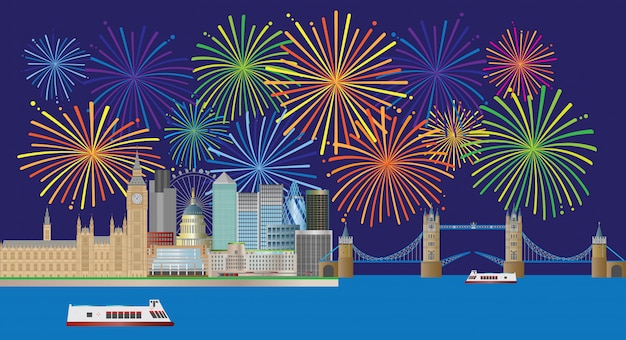 Ilustración del panorama de Londres Skyline Fireworks