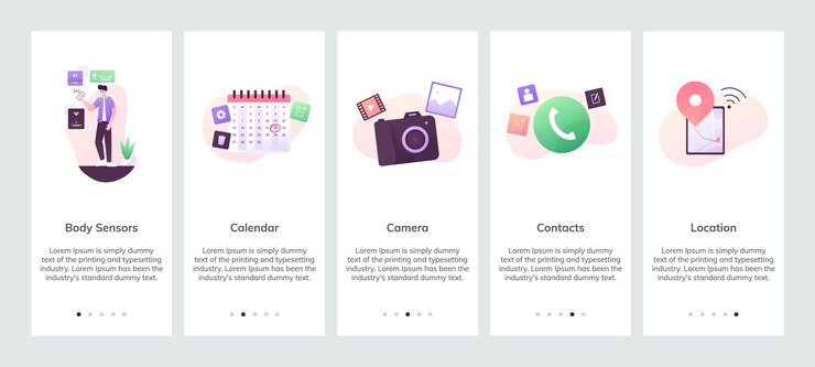 Vector una ilustración de la pantalla de permiso y incorporación para la ubicación de los contactos de la cámara del calendario del sensor