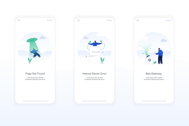 Ilustración de pantallas de error que manejan excepciones, estados vacíos, página no encontrada, error 404, error del servidor interno, 500, puerta de enlace incorrecta, 502 Concepto de diseño plano moderno ui ux