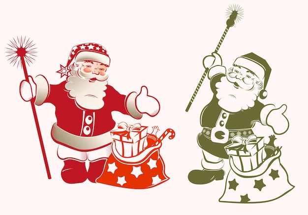 Ilustración de papá noel con bastón y bolsa