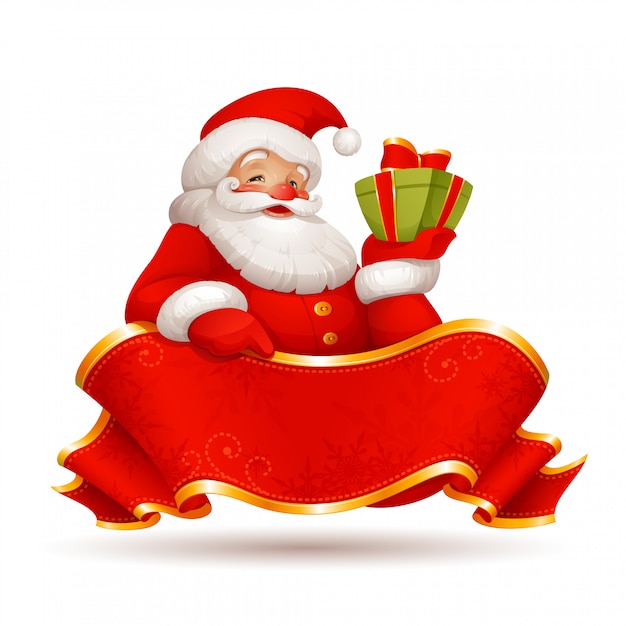 Ilustración de Papá Noel con una cinta roja y presente
