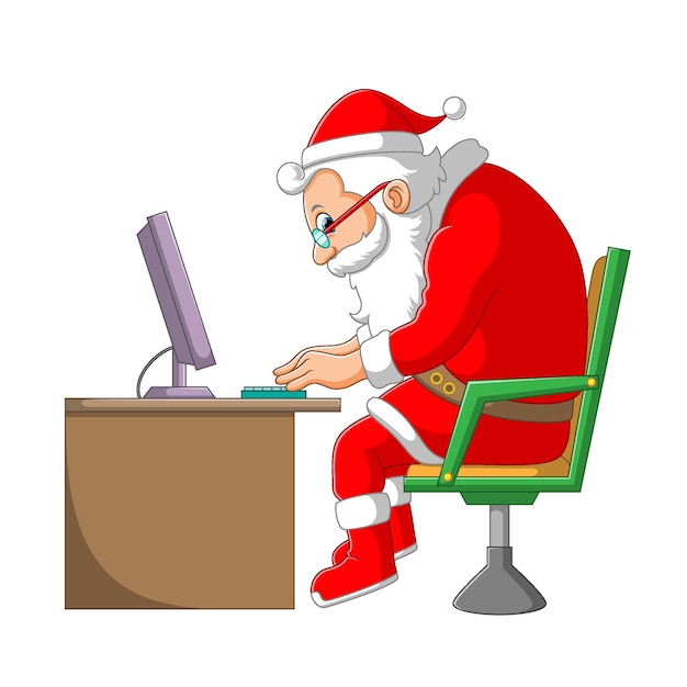 La ilustración de Papá Noel trabajando en la silla frente a la computadora portátil debido al trabajo desde casa