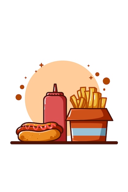 Ilustración de papas fritas, salsa y hotdog