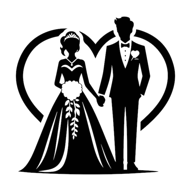 Ilustración del paquete de novia y novio silueta vectorial fondo blanco