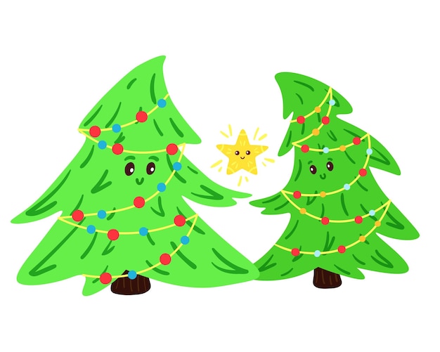 Ilustración de un par de árboles de navidad lindos y divertidos con bolas decorativas de navidad