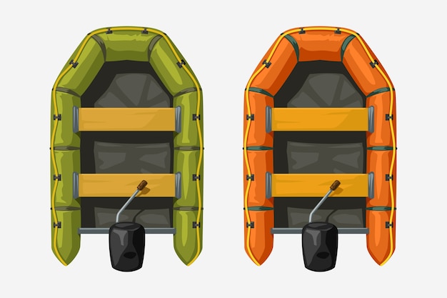 Ilustración de un par de botes inflables vista de diferente color desde la parte superior aislada sobre fondo blanco.