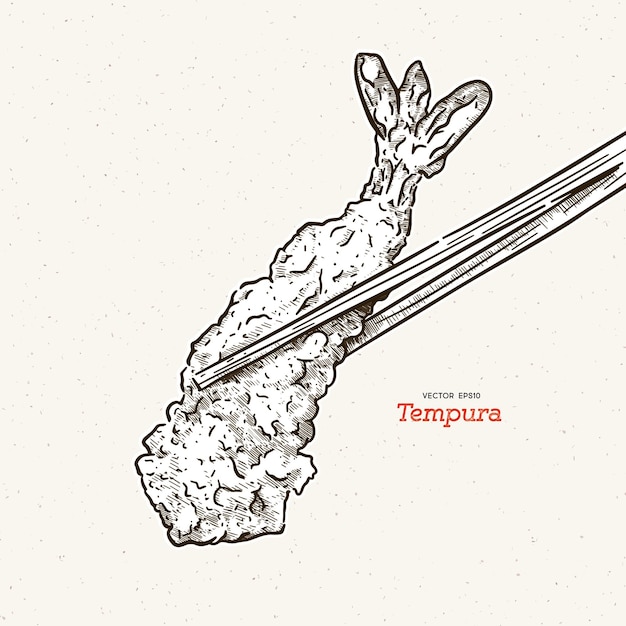 Ilustración de un par de palillos sosteniendo un trozo de tempura