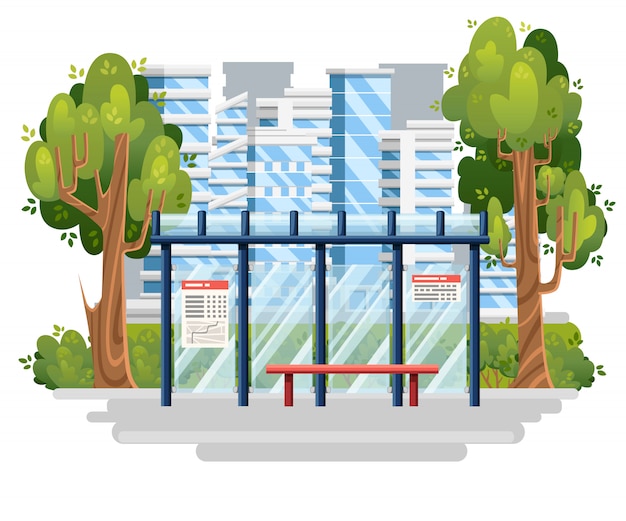 Ilustración de la parada de autobús. Ciudad moderna en el fondo. estilo. Arbustos y árboles verdes. ilustración. Concepto de ciudad