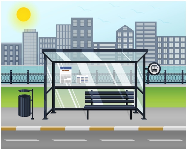 Ilustración de la parada de autobús del paisaje urbano, estación de autobuses de transporte público con fondo de ciudad y río