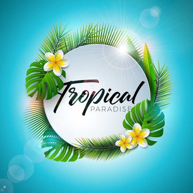 Ilustración de paraíso tropical de verano con letra de tipografía y plantas exóticas