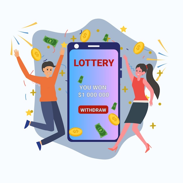 Ilustración de una pareja alegre celebrando su victoria en la lotería en línea con premios en efectivo Vector
