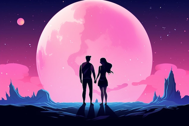 La ilustración de la pareja de amor en la luna