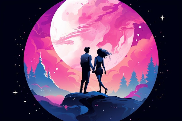 La ilustración de la pareja de amor en la luna