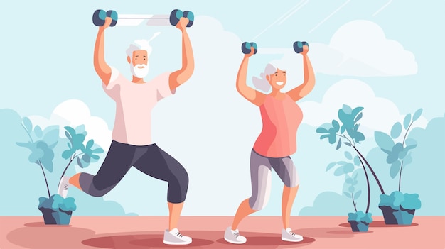 una ilustración de una pareja de ancianos haciendo flexiones con los brazos cruzados