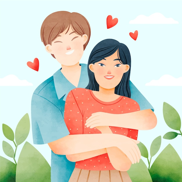 Vector ilustración de pareja asiática acuarela