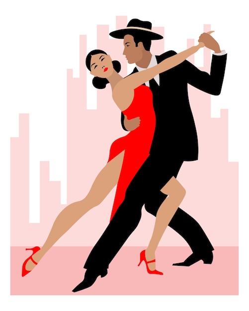 Vector ilustración de una pareja de baile, un hombre de negro y una mujer con un vestido rojo.