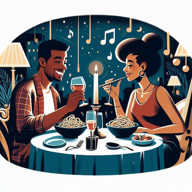 Ilustración de una pareja en una cita en un restaurante