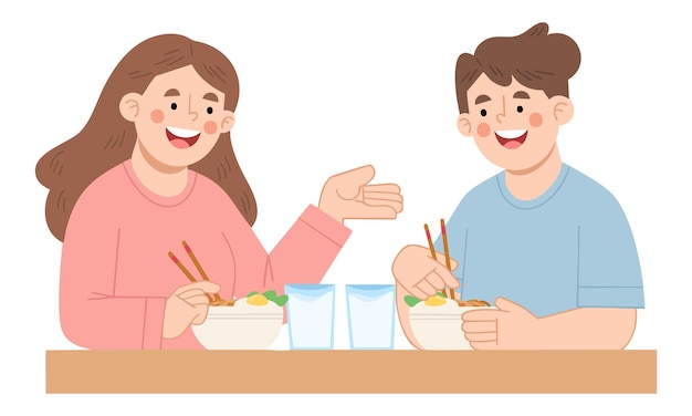 Ilustración de una pareja disfrutando de fideos juntos en la mesa del comedor