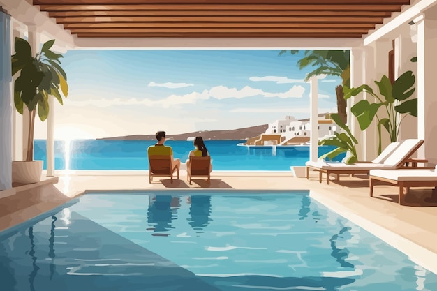 Vector ilustración de una pareja disfrutando de la piscina en una piscina turística