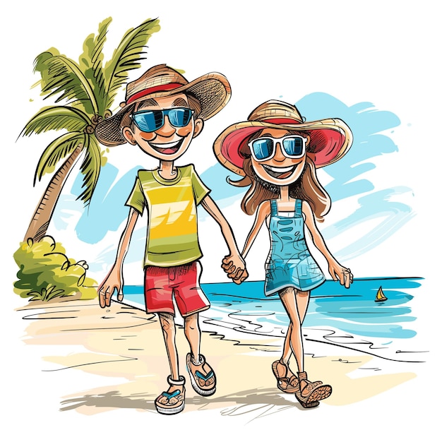 Ilustración de una pareja feliz disfrutando de vacaciones en la playa soleada juntos