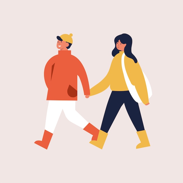 Ilustración de una pareja feliz en ropa de temporada de otoño. pareja joven caminando y abrazados.