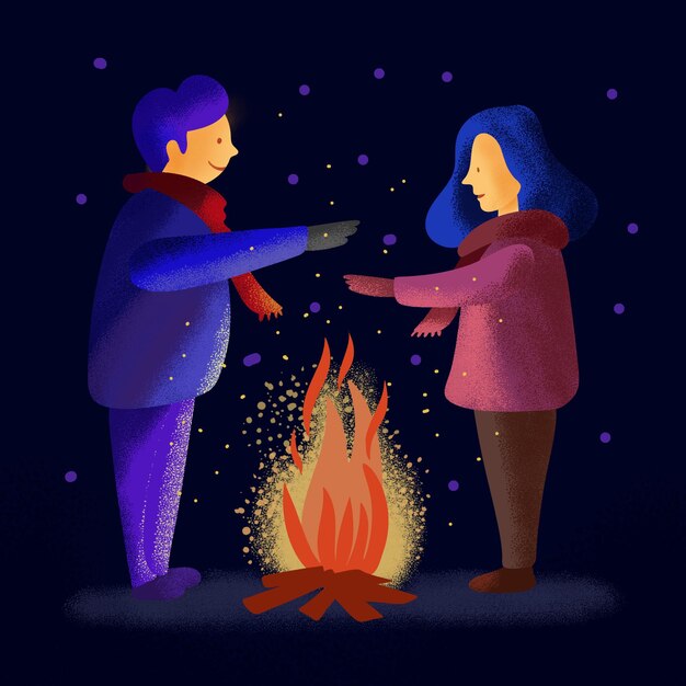 ilustración de la pareja frente a una fogata durante el invierno