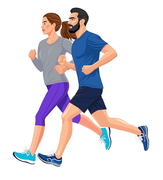 Ilustración de una pareja joven haciendo ejercicio de correr vista lateral