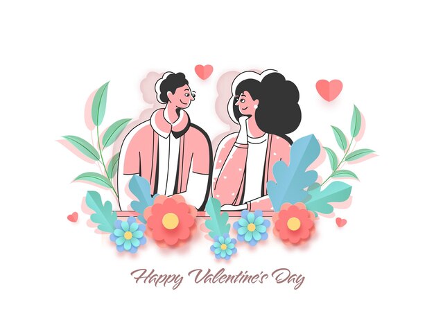 Ilustración de pareja joven mirando el uno al otro con flores de papel