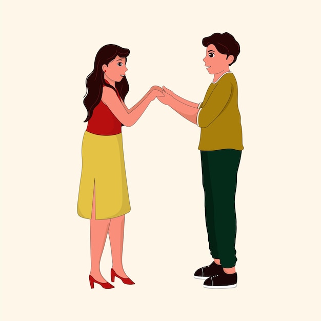 Ilustración de una pareja joven mirándose y tomándose de la mano sobre fondo beige