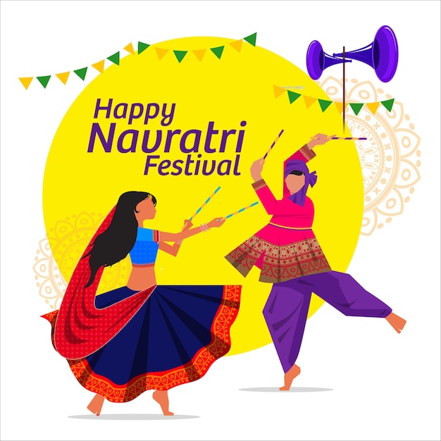 ilustración de una pareja jugando a Dandiya en el cartel de la noche de dandia para el festival Navratri Dussehra