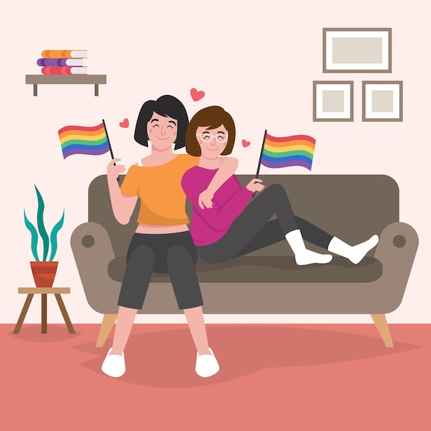 Ilustración de pareja de lesbianas plana orgánica con bandera lgbt