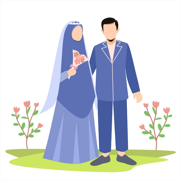 Ilustración de una pareja musulmana casada sosteniendo flores