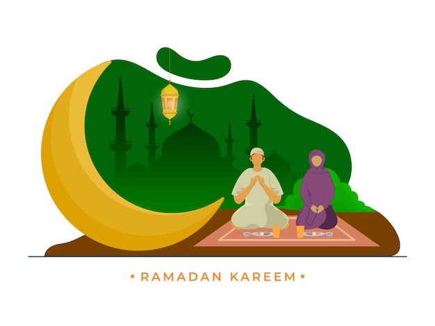 Ilustración de una pareja musulmana de dibujos animados haciendo oración antes de las comidas con una linterna colgante de luna creciente en el fondo de la mezquita de silueta abstracta para el concepto de celebración de Ramadán Kareem