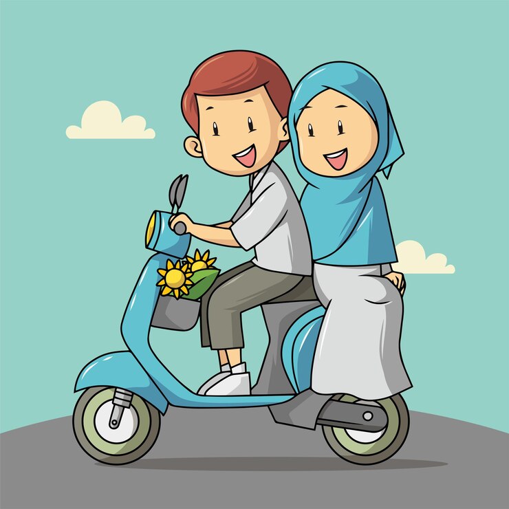 Ilustración de una pareja musulmana montando una scooter