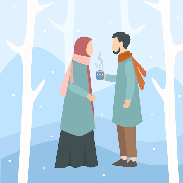 Vector ilustración de una pareja musulmana romántica en invierno. bebe agua tibia alrededor de la nieve.