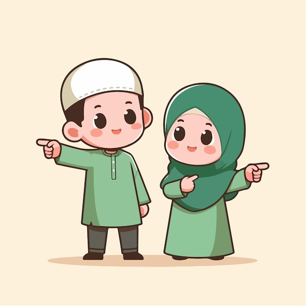 Ilustración de una pareja de niños musulmanes expresando señalando en un estilo de diseño plano