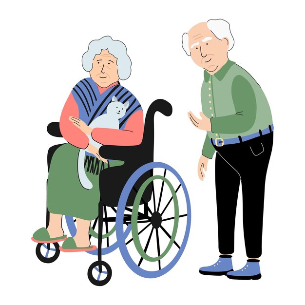 Ilustración de pareja senior anciano y mujer con gato