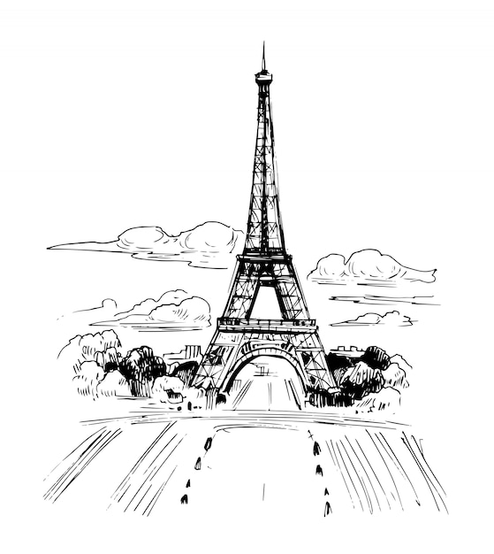 Ilustración de parís con la torre eiffel. Boceto de tinta dibujado a mano.
