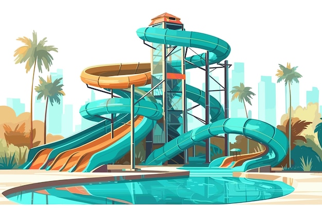 Vector ilustración de parque acuático con toboganes de plástico de colores y piscina con palmera en el vector de la orilla