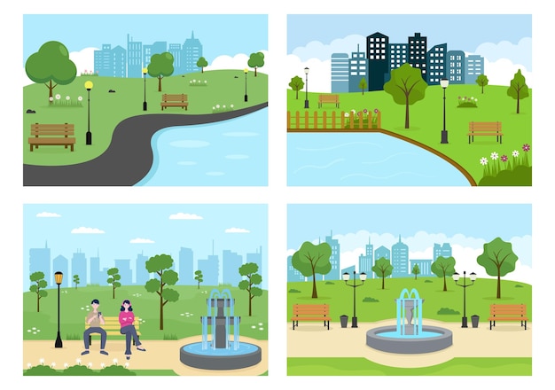 Ilustración del parque de la ciudad para personas que hacen deporte, relajarse, jugar o recreación con árboles verdes y césped. Paisaje urbano fondo