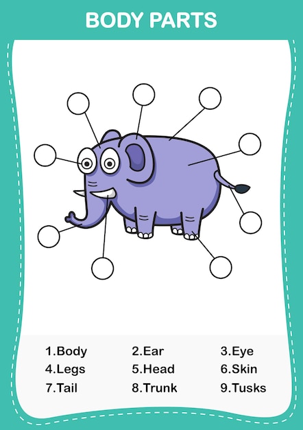 Ilustración de la parte del cuerpo del vocabulario del elefanteEscribe los números correctos de las partes del cuerpo