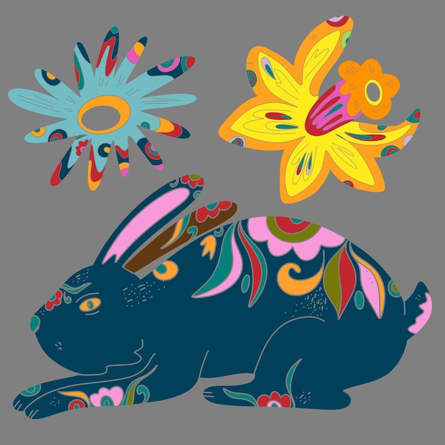 Ilustración de Pascua conejo decorativo con ornamento Diseño de Pascua festivo brillante en estilo popular