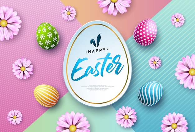 Ilustración de Pascua feliz con flor de primavera de huevo pintado de colores y símbolo de orejas de conejo