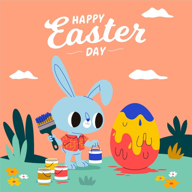 Vector ilustración de pascua con huevo de pintura de conejito